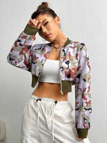 SHEIN Unity Camo Print Drop Shoulder Crop Bomber Jacket - Multicolor - View 4