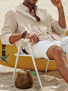 男士素色前排扣襯衫 - 米色 - 查看 5