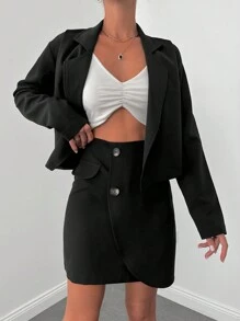 EURMUSE Solid Lapel Collar Single Button Blazer & Wrap Skirt - Black - View 3