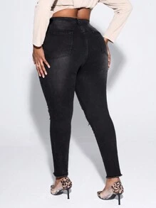 SHEIN SXY Hơn Cao eo Rách Cắt Thô Quần jean ôm - màu đen - Xem 2