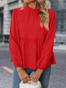 Chiquease 褶邊燈籠袖荷葉邊下擺襯衫 - 紅色 - 查看 3