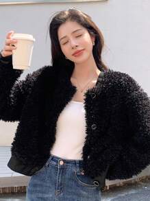 DAZY Solid Button Front Teddy Bomber Jacket - Black - View 4