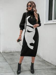 EMERY ROSE Figure Graphic Turtleneck Lantern Sleeve Sweater Dress Fall Winter Cloth For Women - Black - View 6
