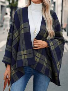 EMERY ROSE Plaid Pattern Batwing Sleeve Open Front Cape Cardigan - Multicolor - View 6