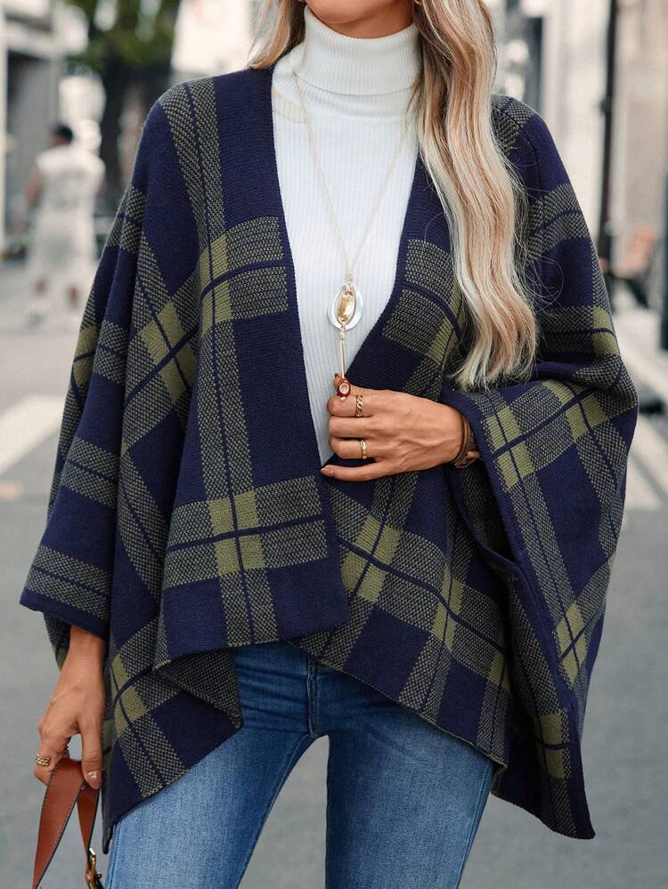 Plaid Pattern Batwing Sleeve Open Front Cape Cardigan