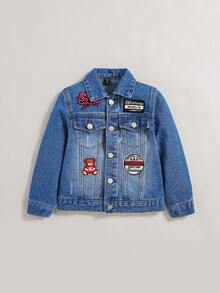 SHEIN Young Boy 1pc Letter Patched Detail Denim Jacket - Dark Wash - View 3