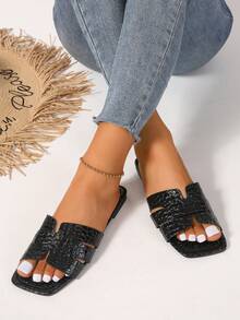 校園風格簡約風和多用途方頭女性拖鞋 - 黑色 - 查看 5