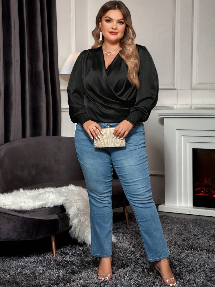 SHEIN Clasi 大碼交疊領燈籠袖緞面襯衫 - 黑色 - 查看 4