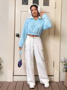 SHEIN Qutie Một nửa khóa kéo Thả vai Mùa vụ Teddy Áo nỉ - Màu xanh nhạt - Xem 5