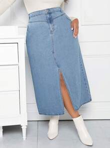 SHEIN CURVE+ Hơn Tách đùi Váy Denim - Màu xanh lam - Xem 6