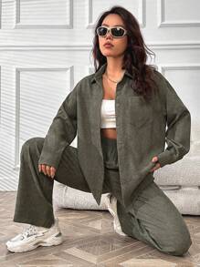 SHEIN Unity Solid Button Front Shirt & Flare Leg Pants - Army Green - View 1