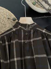 Young Girl Plaid Mock Neck Blouse & Skirt - Coffee Brown - View 6