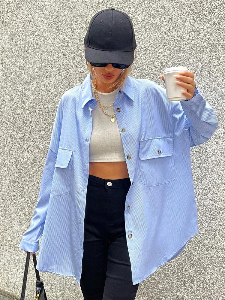 Striped Flap Pocket Drop Shoulder Shirt Fall Cloth For Women
