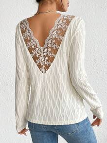 SHEIN Frenchy Contrast Lace V Neck Drop Shoulder Blouse - Apricot - View 5