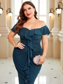 SHEIN Belle Talla grande Vestido brillante de hombros descubiertos ribete con fruncido fruncido - Verde Oscuro - Ver 3