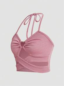 SHEIN Unity 女式纯色露背细肩带金属环装饰镂空时尚无袖背心 - 粉色 - 查看 3