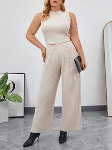 SHEIN Essnce Plus Mock Neck Tank Top & Wide Leg Pants - Apricot - View 5