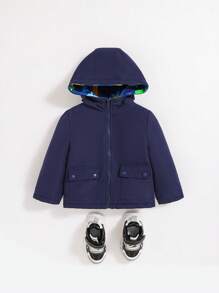 SHEIN Baby Boy 1pc Double Face Flap Pocket Hooded Double Face Reversible Coat - Navy Blue - View 3