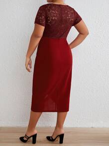 SHEIN Frenchy Plus Contrast Lace Wrap Hem Dress - Burgundy - View 2