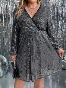 SHEIN Clasi Plus Surplice Neck Lantern Sleeve Sequin Dress
