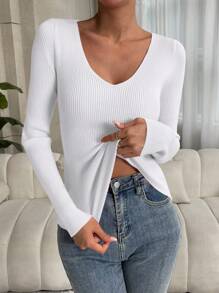 EMERY ROSE Solid Ribbed Knit V Neck Sweater,Long Sleeve Tops Knit Pullover Fall Winter Sweater - White - View 3
