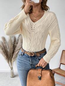 SHEIN Frenchy 麻花編織落肩袖套頭毛衣 - 杏色 - 查看 6