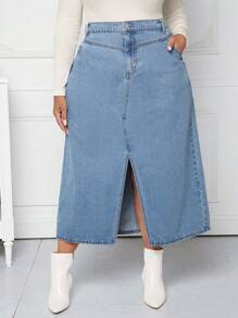 SHEIN CURVE+ Hơn Tách đùi Váy Denim - Màu xanh lam - Xem 1