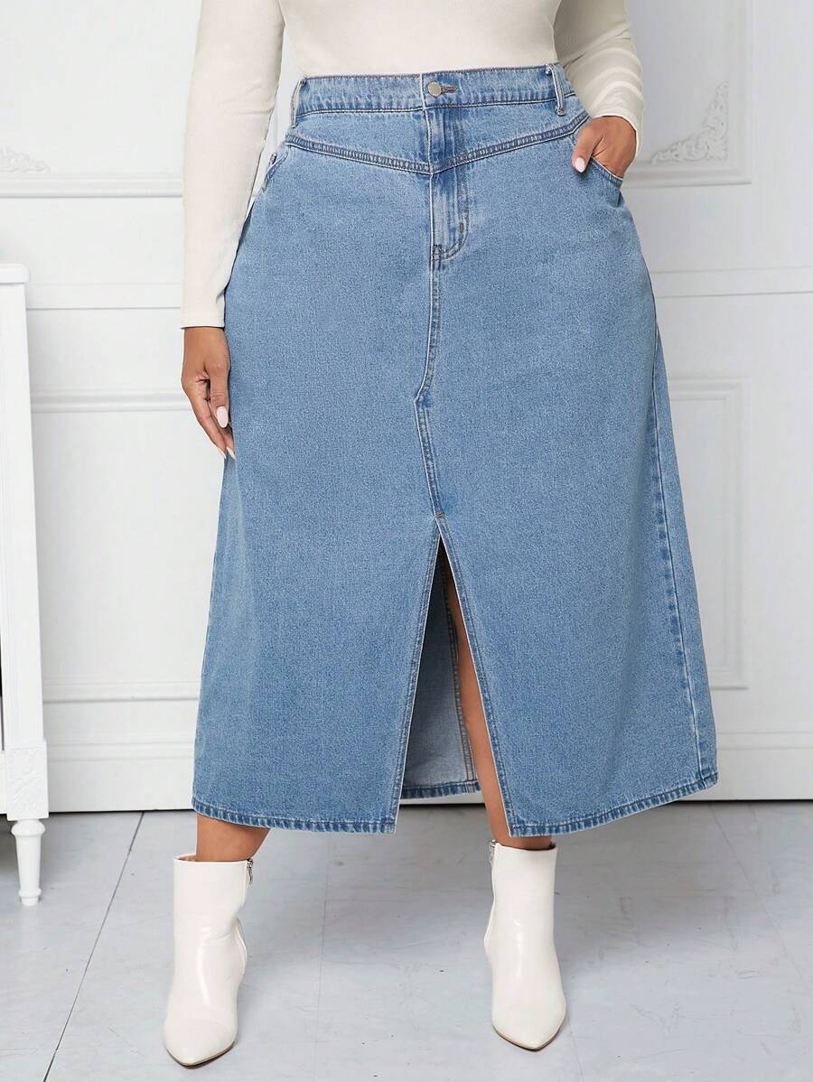 SHEIN CURVE+ Hơn Tách đùi Váy Denim - Màu xanh lam - Xem 1