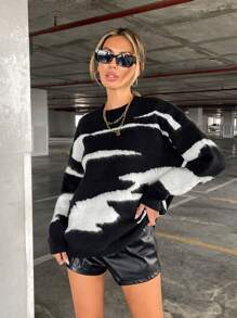 SHEIN Essnce Graphic Pattern Drop Shoulder Sweater - Black and White - View 1
