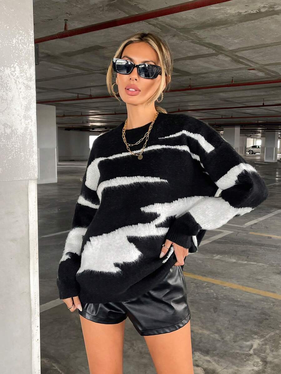 SHEIN Essnce Graphic Pattern Drop Shoulder Sweater - Black and White - View 1