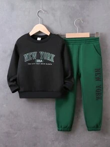 SHEIN 男小童字母圖案衛衣和衛褲 - 黑色 - 查看 1