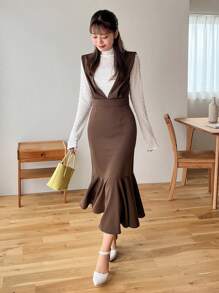FRIFUL Solid Mermaid Hem Overall Dress Without Tee - Coffee Brown - View 5