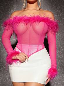SHEIN SXY Fuzzy Trim Off Shoulder Fuzzy Trim Asymmetrical Hem Mesh Top