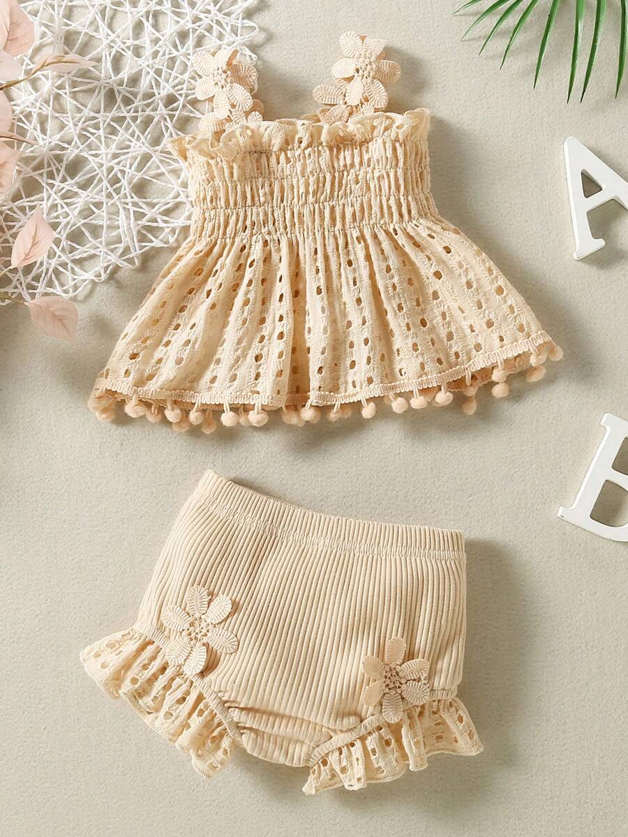 Baby Girl Eyelet Embroidery Ruffle Trim Cami Top & Bow Front Shorts - Apricot - View 1
