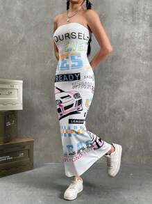 SHEIN Coolane Letter Graphic Tube Bodycon Dress - White - View 5