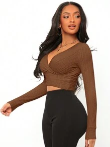 SHEIN SXY Surplice Neck Crop Tee - Brown - View 3
