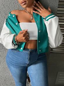 Slaydiva 大碼字母貼布條紋飾邊落肩袖短款學院風夾克 - 綠色 - 查看 5