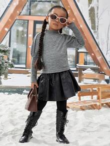 春季秋季女孩休閒羊腿袖立領毛衣 - 灰色 - 查看 3