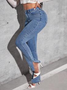 SHEIN EZwear 高腰下擺開叉緊身牛仔褲 - 深色水洗藍 - 查看 4