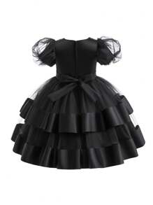 Young Girl Puff Sleeve Mesh Overlay Gown Dress for Christmas