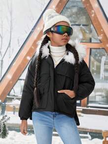 SHEIN Tween Girl's Woven Patch Pocket Hand-Stuffed Thickened Hooded Jacket,In Fall/Winter