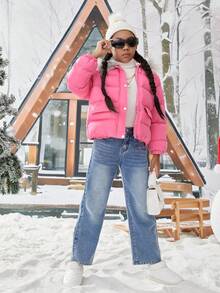 SHEIN Tween Girl Flap Pocket Fuzzy Trim Hooded Padded Coat - Pink - View 5