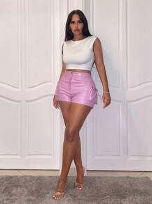 Slaydiva Lace Up Side PU Leather Shorts - Pink - View 5