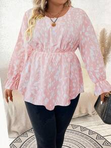 Celure Plus Allover Print Flounce Sleeve Peplum Blouse - Multicolor - View 6