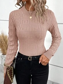 SHEIN Clasi Solid Round Neck Knit Pullover Fall Winter Sweater - Dusty Pink - View 4