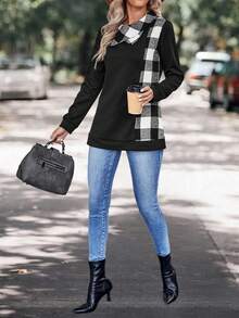 SHEIN LUNE 水牛格紋印花不對稱領套頭衫 - 黑色 - 查看 7