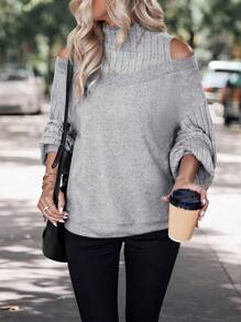 SHEIN LUNE Cold Shoulder Lantern Sleeve Sweatshirt - Grey - View 3