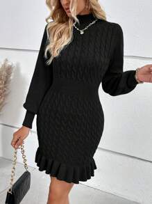 SHEIN Clasi Cable Knit Mock Neck Ruffle Hem Sweater Dress Fall Cloth For Women - Black - View 5