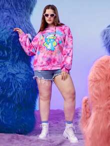 SHEIN X The Smurfs Áo nỉ rộng tay, nhuộm tie-dye, in hình hoạt hình. - Nhiều màu - Xem 4