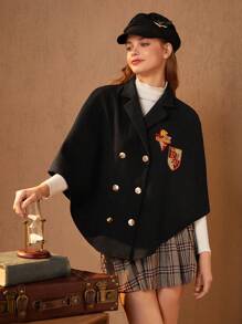 HARRY POTTER X SHEIN Letter Patched Double Breasted Cape Coat - Black - View 4